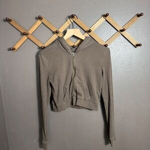Urban Outfitters Brown Ribbed Cropped Full Zip Hoodie Sweatshirt Large OB1467863